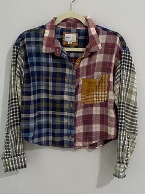 American Eagle Women's Cozy Cabin Cropped Patchwork Plaid Flannel Shirt